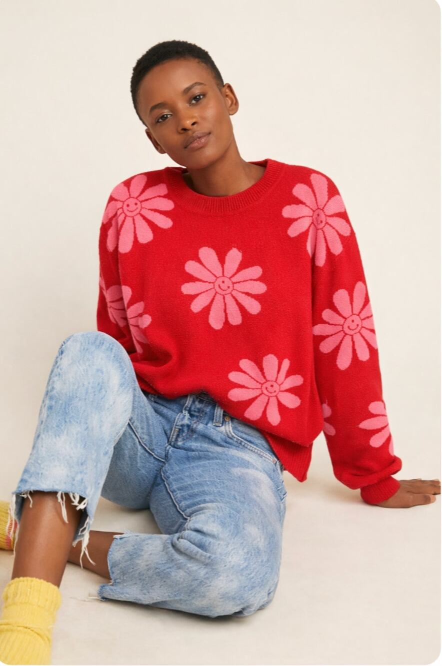 Anthropologie Dee Flower Power Sweater Red Pink Smiley Daisy Knit Medium